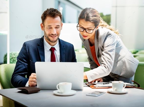 business people discussion laptop technology togetherness concep